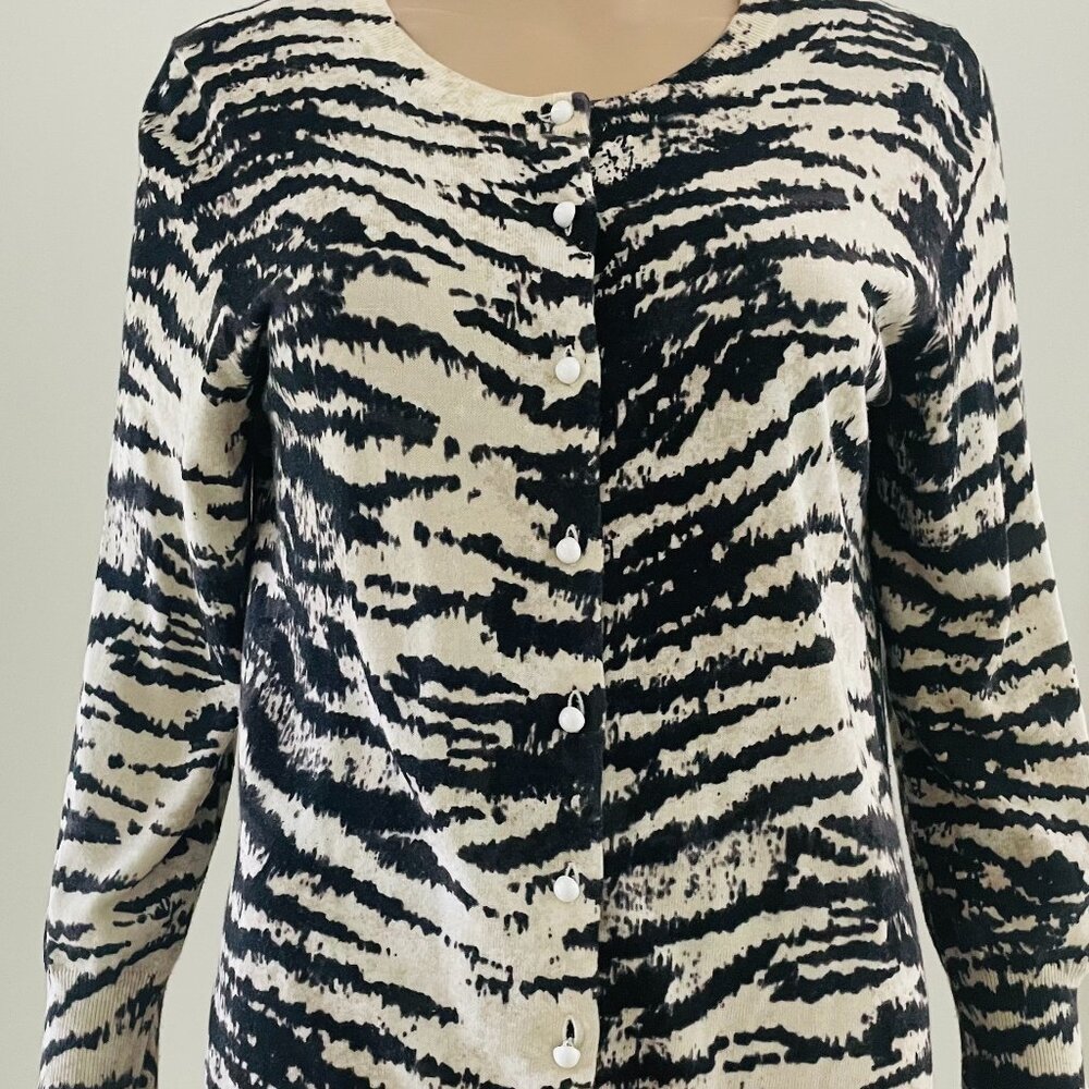 Talbots Women's Sz M Brown Zebra Print3/4 Sleeve Cardigan Sweater Stretch Casual